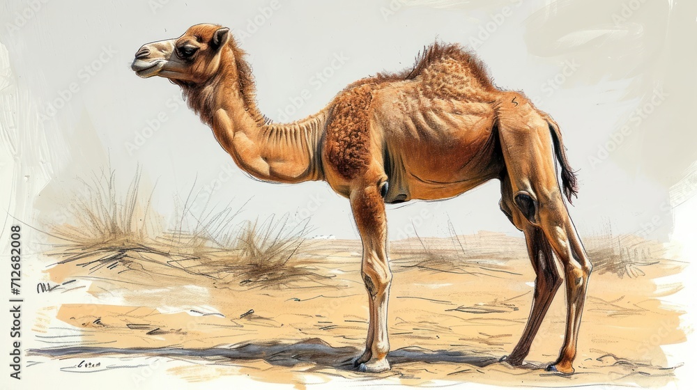 Poster a drawing of a camel standing in the desert with its head turned to the side and it's head turned to