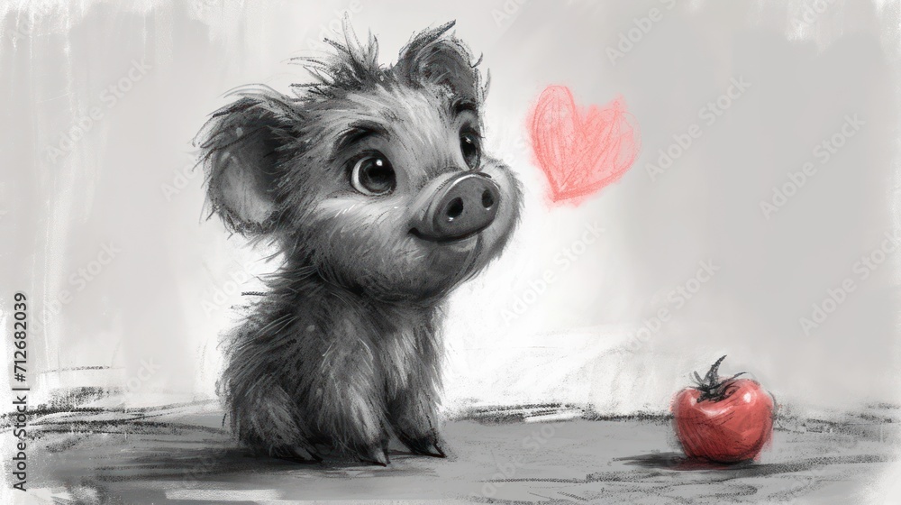 Poster a drawing of a small pig next to a red apple with a heart drawn on the side of it, with a red heart 