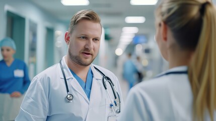 two doctors talk with in the medical building. A female doctor talks with the director of the hospital, the manager of a private clinic.