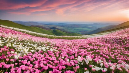 Scenic view of a field blanketed in pink and white flowers beside a lush hill