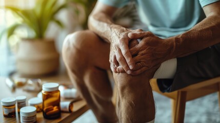 man suffering from knee joint pain in living room on sofa, bone pain in elderly people at home, holding hand on knee pain after tendon surgery