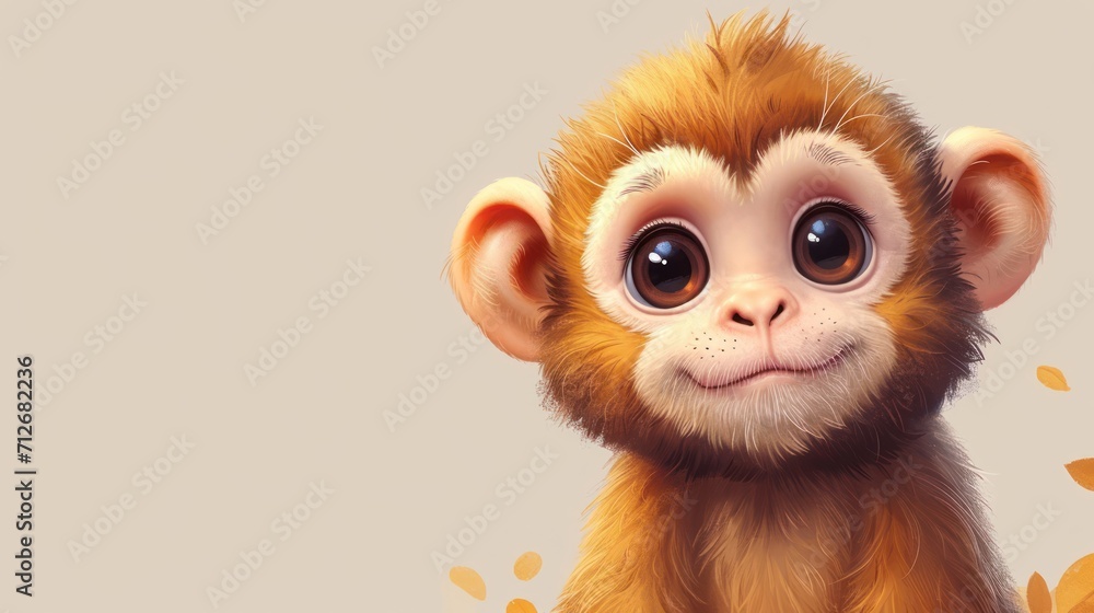 Poster a close up of a monkey's face with a brown and white monkey's head on the right side of the image an