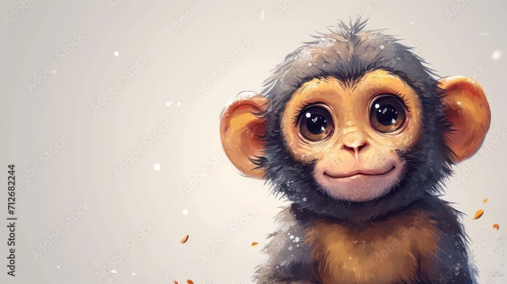 Poster a close up of a monkey with a snowflake on it's face and a snowflake on its back, on a white backgro