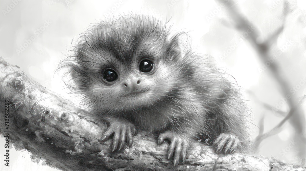 Poster a black and white photo of a small monkey on a tree branch with a blurry background of branches and 