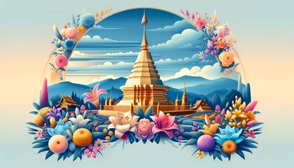 Illustration of golden temple in chiang mai with floral frame and copy space.