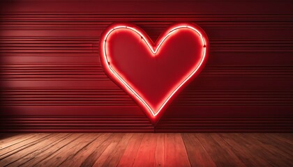 Heart-shaped neon sign on wooden flooring against a backdrop of a red-curtained room
