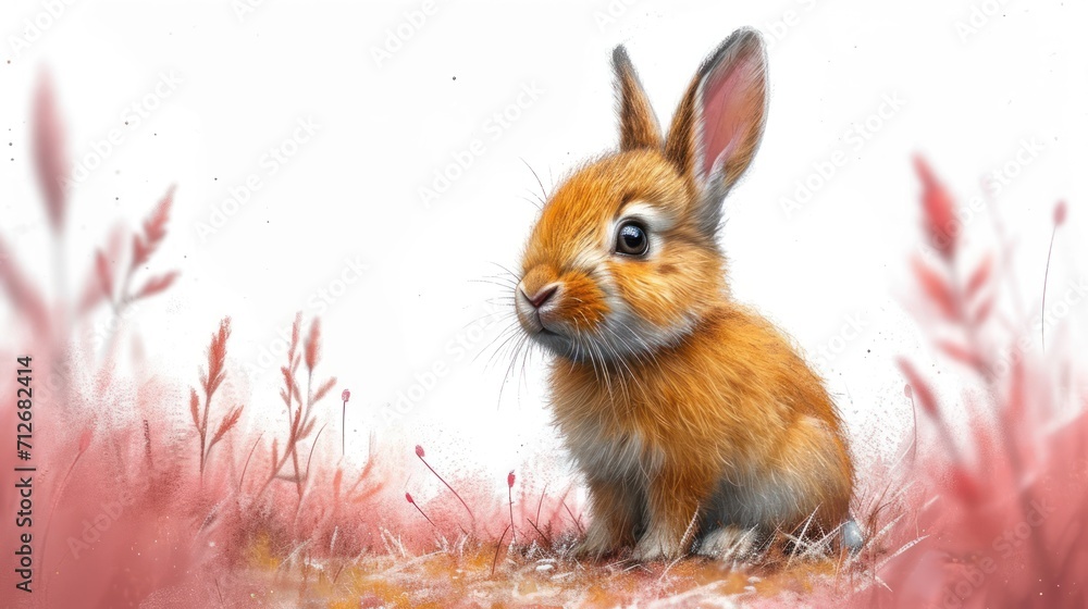 Poster a painting of a brown rabbit sitting in a field of tall grass with red flowers in the foreground and