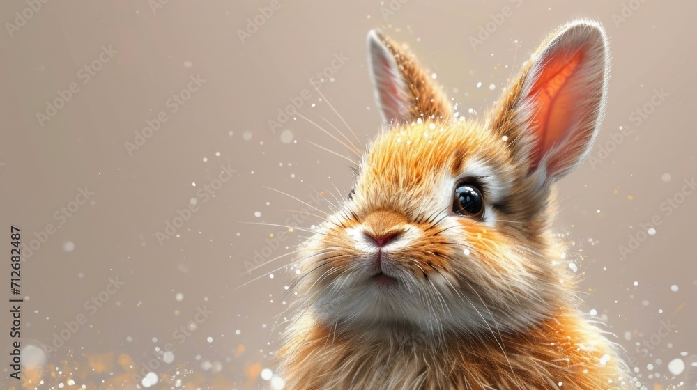 Poster a close up of a small rabbit with snow on it's face and a blurry background of snow flakes on the gr