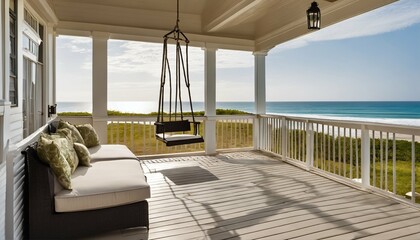 Beach house porch with a swing chair and pillows, offering a scenic ocean view in the distance