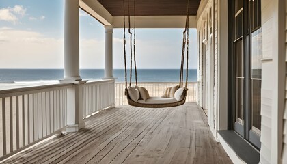 Beach house porch with a swing chair and pillows, offering a scenic ocean view in the distance