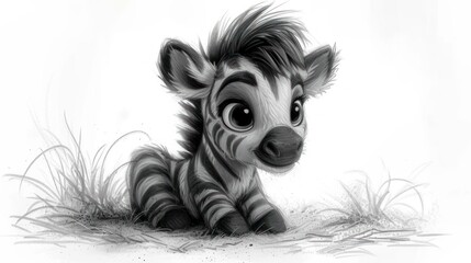  a black and white drawing of a baby zebra laying on the ground with it's head turned to the side and eyes wide open, with grass in the foreground.