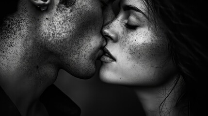 A black and white close-up shot of a young couple, capturing an intimate moment as the man kisses the woman.
