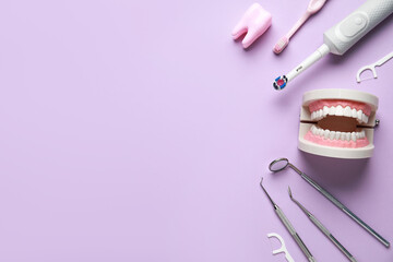 Dental tools, oral hygiene supplies and jaw model on lilac background. World Dentist Day
