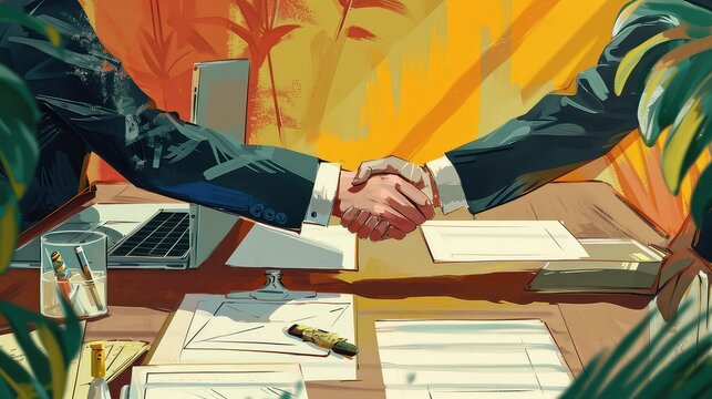 two business partners shaking hands over a table filled with office supplies and documents, indicating successful negotiations and reaching an agreement