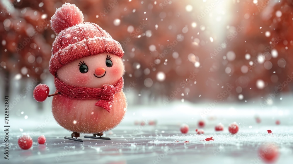 Poster a small red bird wearing a red scarf and a red hat with a red pom - pom on it's head is standing in 
