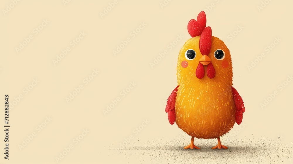 Poster a drawing of a chicken with a red comb on it's head and a red tail on it's head, standing in front o