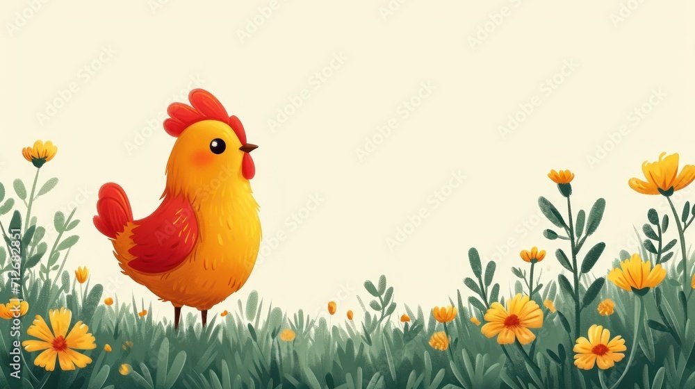 Poster a chicken standing in the middle of a field of flowers and daisies with a blank space in the middle 