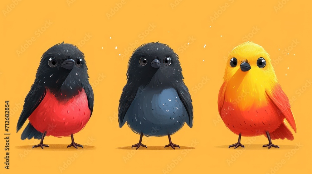 Poster a group of three birds sitting next to each other on top of a yellow background with a red and black