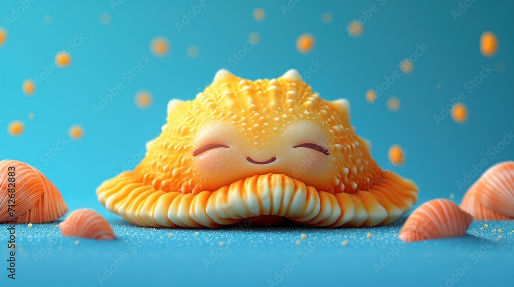 Poster a close up of a small toy with a face on it's head and seashells around it on a blue background with