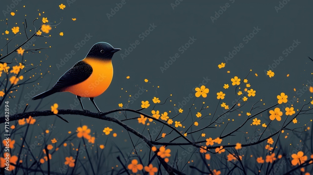 Poster a bird sitting on top of a tree branch next to a tree filled with orange and yellow flowers with a d