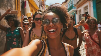 Multiracial selfie with friends walking on city street, young people having fun, teenagers laughing at camera, friendship and tourism concept - obrazy, fototapety, plakaty
