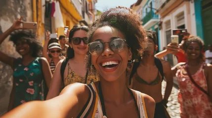 Fotobehang Multiracial selfie with friends walking on city street, young people having fun, teenagers laughing at camera, friendship and tourism concept © DZMITRY