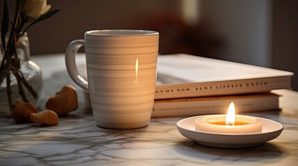 a cup of tea on a marble table, accompanied by an open book and burning scented candles, designed with a minimalist modern style composition or scene.