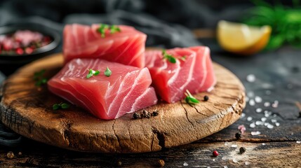 Close up of fresh raw tuna fillet steak and sashimi on wooden board background, delicious food for dinner - obrazy, fototapety, plakaty