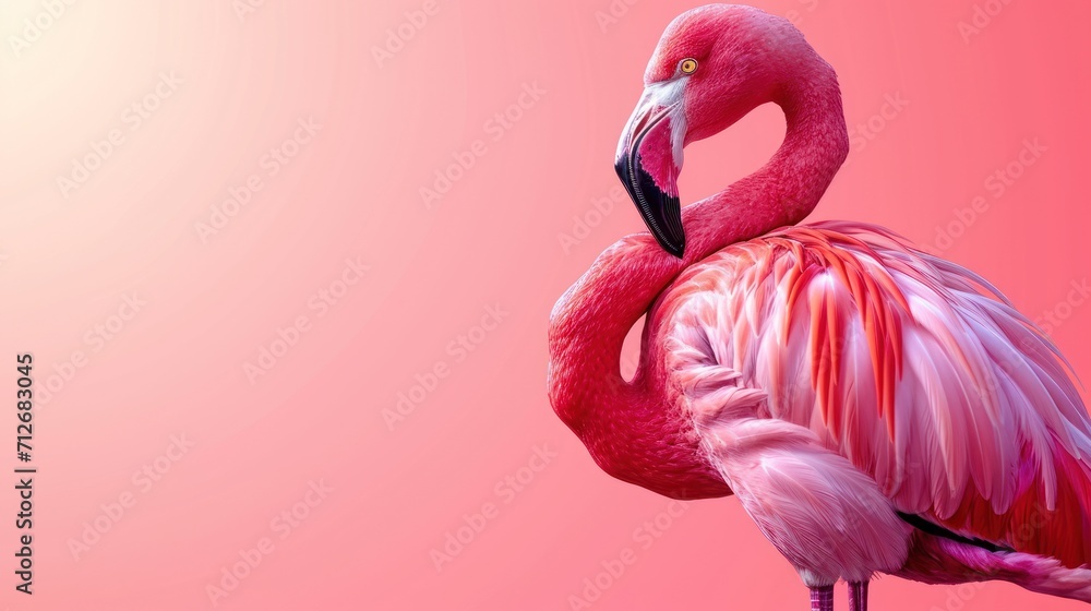 Poster a pink flamingo standing in front of a pink background with a white spot in the center of the image 