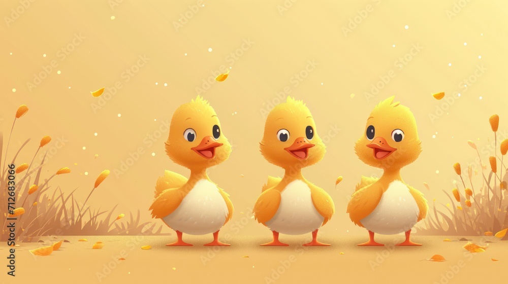Poster a group of three yellow ducks standing next to each other on top of a grass covered field in front o
