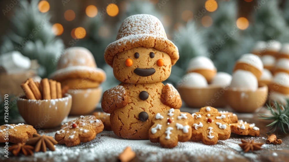 Aufkleber a close up of a snowman made out of cookies and cookies on a table next to a cupcake and a bowl of c
