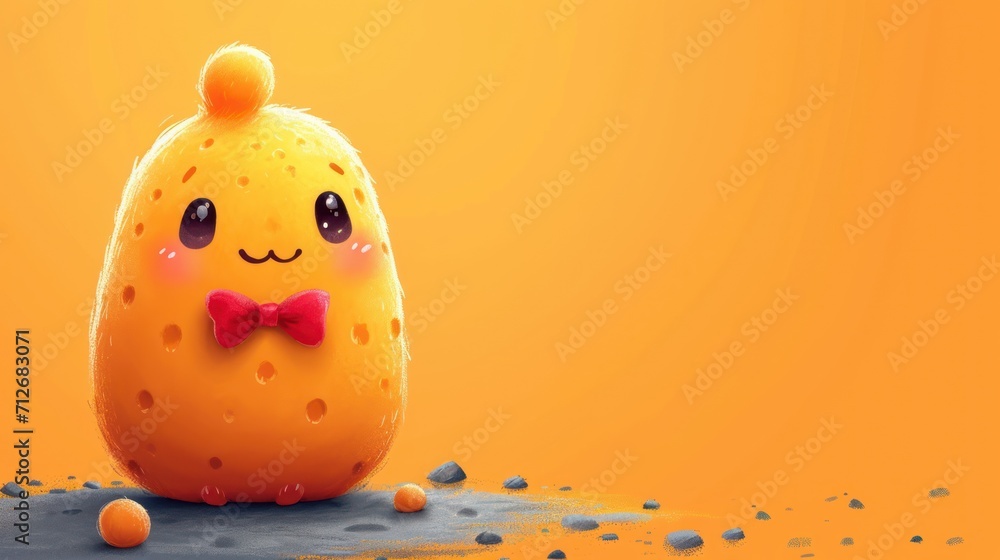 Poster an orange with a bow tie sitting in the middle of a pile of oranges on a yellow background with a ho