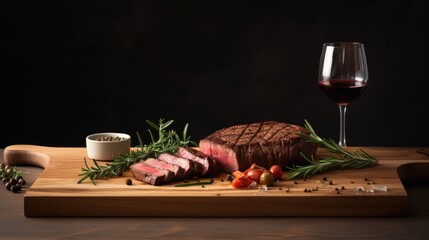 sliced grilled cooked beef steak medium rare on a wooden board, including a vintage fork, glass of wine and gourmet herbs and spices to complement the culinary aesthetic.