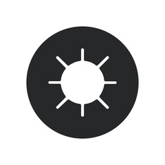 White sun icon on black round background, flat, web, vector