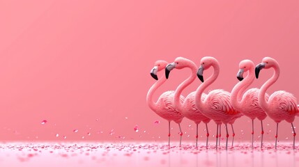  a group of pink flamingos standing next to each other on a pink surface with pink confetti on the floor and a pink wall behind them is a pink background.
