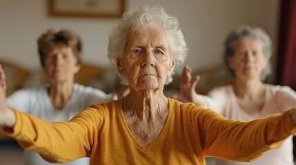 Elderly women working out at a workout in the fitness room. - obrazy, fototapety, plakaty