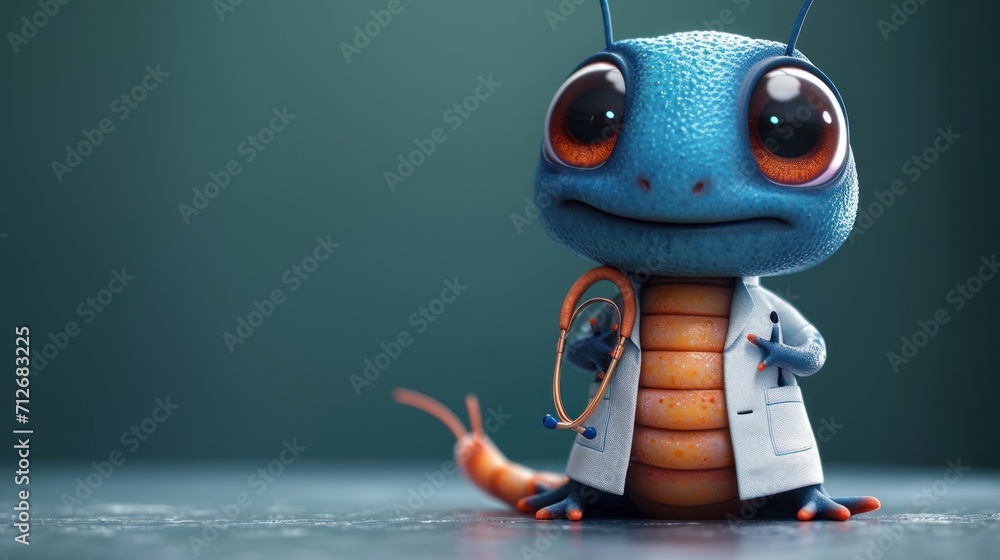 Poster a close up of a small toy with a bug on it's head and a coat on it's body, sitting on a table with a