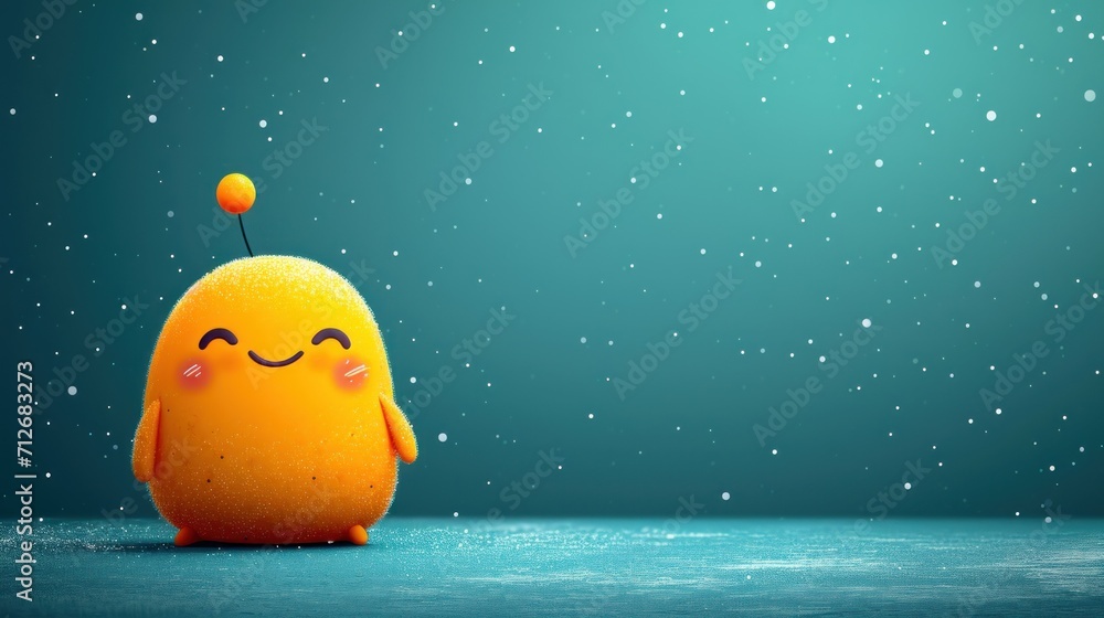 Poster a close up of a small yellow object with a smiley face on a blue surface with snowflakes in the back
