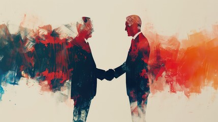 two silhouetted figures shaking hands against a backdrop of bright and abstract watercolor splashes. The contrast between dark silhouettes and bright colors creates a dynamic and energetic mood