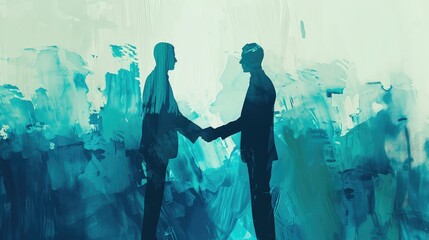 two silhouetted figures shaking hands against a backdrop of bright and abstract watercolor splashes. The contrast between dark silhouettes and bright colors creates a dynamic and energetic mood - obrazy, fototapety, plakaty