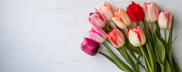 Flat lay banner with bunch of colorful tulips on concrete, textured background. Greeting card with copy space concept of World Womens Day, March 8, Mothers day, Valentines Day, Birthday, Wedding.