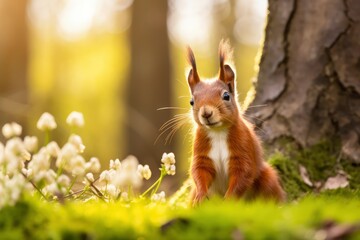 Red Squirrel Sitting in Grass Next to Tree - A Natural Scene Captured Outdoors