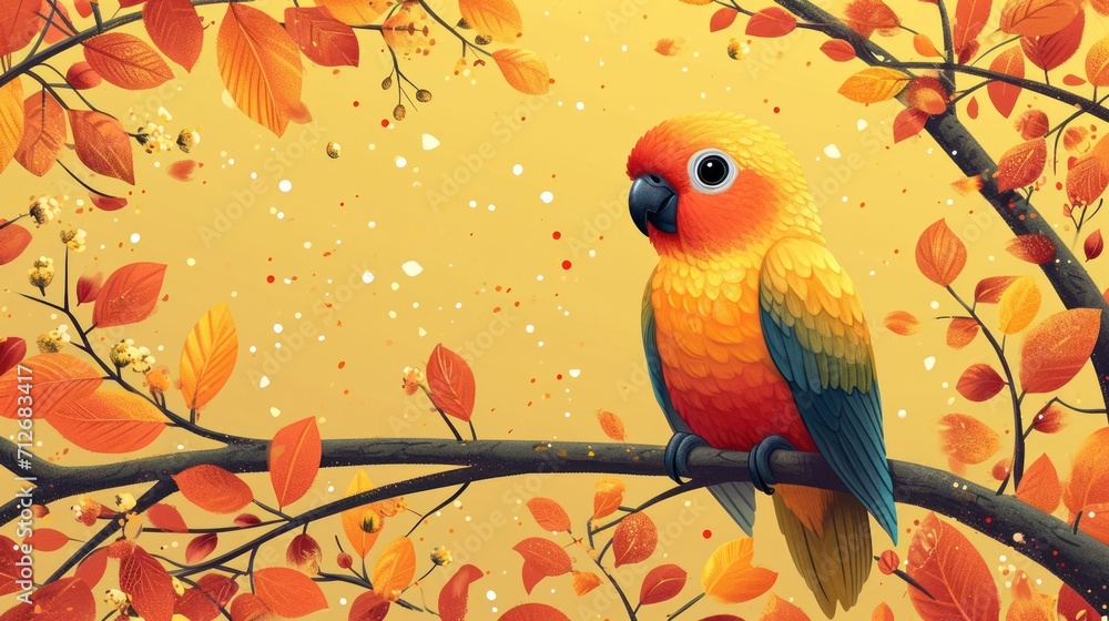 Poster a colorful bird sitting on top of a tree branch in front of a yellow background with orange leaves a