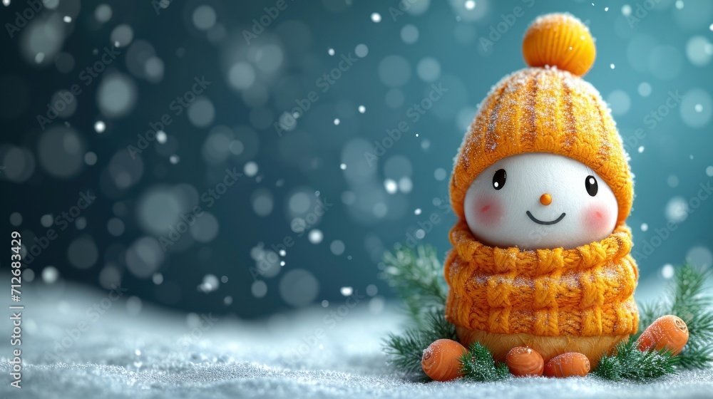 Poster a small snowman with a knitted hat and scarf sitting in the snow with a pine branch in the foregroun