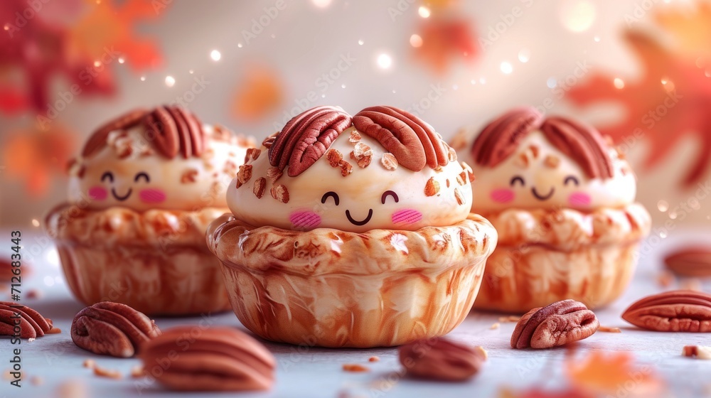 Poster a group of cupcakes sitting on top of a table covered in frosting and pecans next to a pile of pecan
