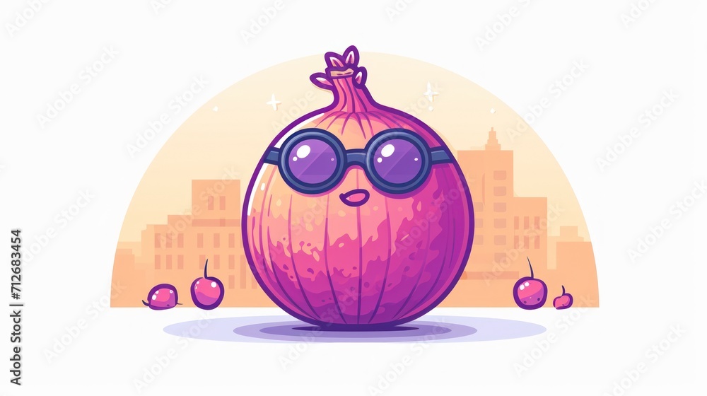 Poster  a cartoon onion with sunglasses sitting in front of a cityscape with a building in the background and a cityscape with skyscrapers in the foreground.