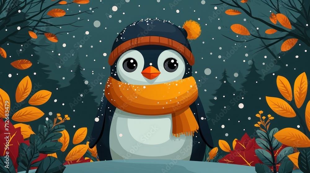 Aufkleber a penguin wearing a hat and scarf standing in the snow in front of a forest filled with trees and le