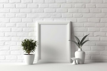 Empty frame mockup on white floor for your creative designs. Generative AI