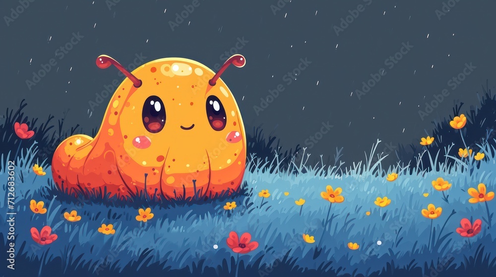Poster a cartoon character sitting in a field of grass with a bug on it's back and eyes wide open, with a d