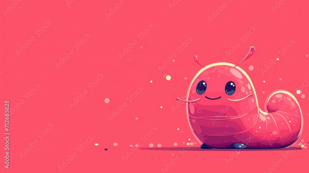 Poster a pink slug with a smile on it's face sitting on the ground in front of a pink background with bubbl